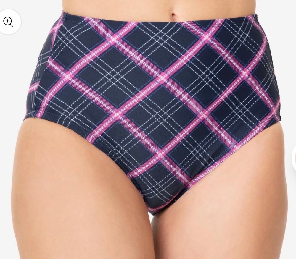 Unique Vintage Navy and Pink Plaid Daphne Bikini Bottom S NWOT